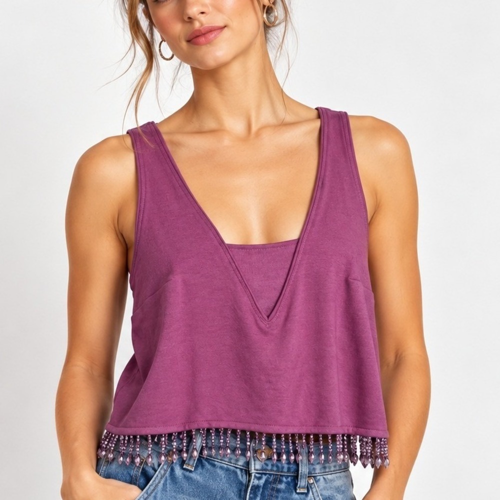 Anthropologie Tank Top Women L Purple Crystal Beaded Fringe Cropped V-Neck